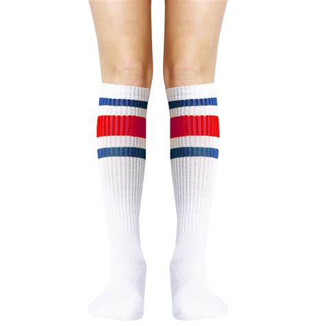 White With Blue And Red Stripe Knee High Socks J 014