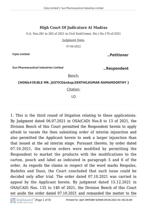 Ajay Amitabh Suman Cipla Limited Vs Sun Pharmaceutical Industries