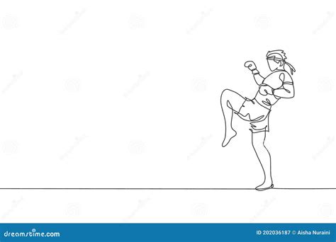 One Continuous Line Drawing Of Young Sporty Muay Thai Boxer Man