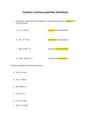 Chemical Reactions Worksheet Synthesis And Decomposition Course Hero