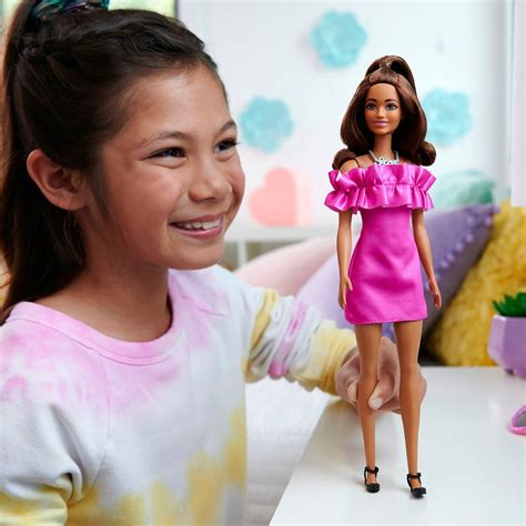 Barbie Fashionista Doll with Brown Wavy Hair and Pink Ruffle Dress ...