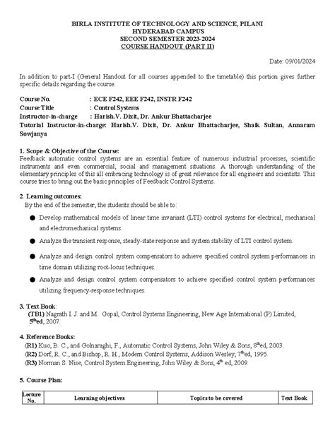 Eee Ece Instr F Control System Handout Birla Institute Of