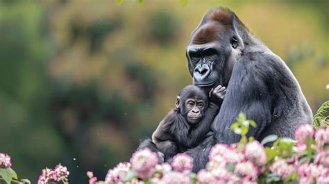 Premium Photo | A gorilla holds her baby in a zoo