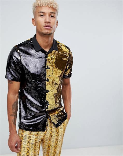 Asos Regular Fit Shirt In Gold Reversible Sequin For Men Lyst Uk