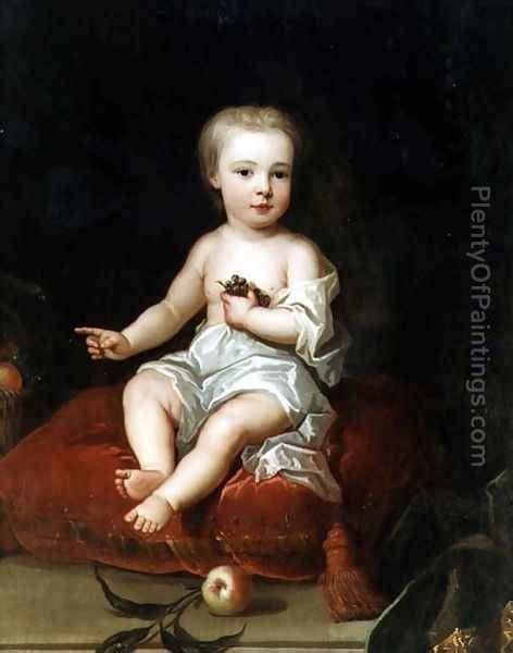 A Painting Of A Baby Sitting On Top Of A Red Chair Next To A Bird