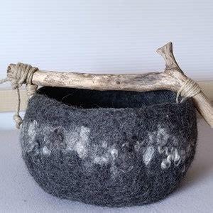 Felted Vessel Felt Bowl Wool Natural Bowl Wooden Handle Felt Basket