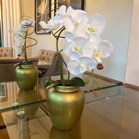 Arranjo de Orquídea Artificial Branca Vaso de Vidro Elo7