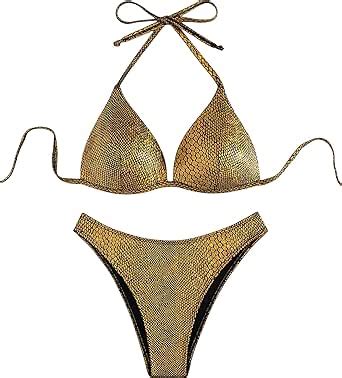 Amazon WDIRARA Women S Metallic Tie Back Halter Triangle Bikini