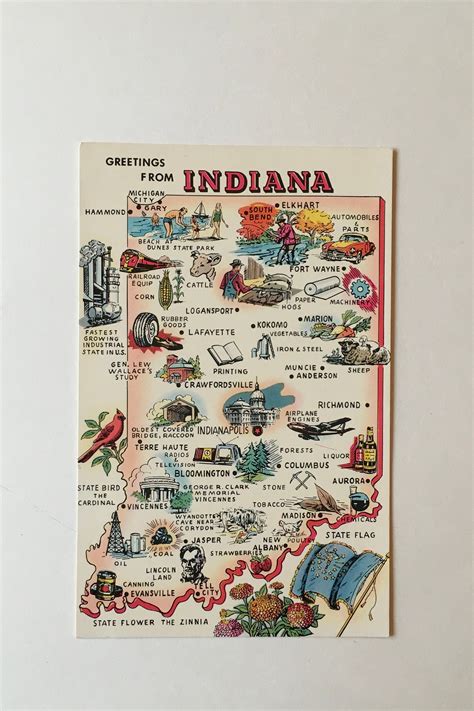 Indiana Postcard Vintage Greetings From Indiana Souvenir Map Etsy