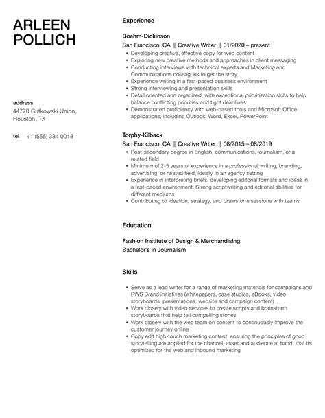 Creative Writer Resume Samples | Velvet Jobs