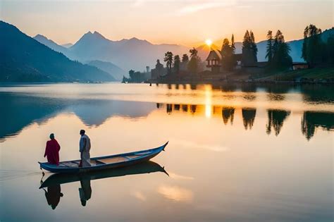 Dois Homens Est O Em Um Barco Em Frente A Uma Montanha O Sol Se