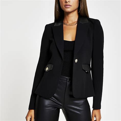 Black Pu Gold Button Detail Blazer River Island