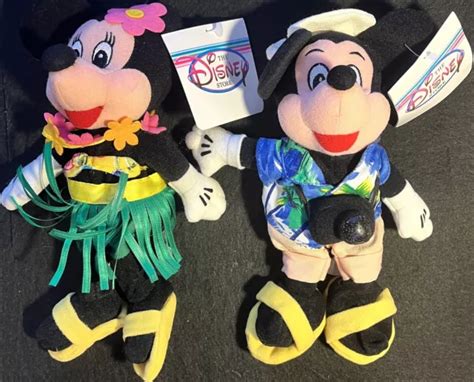 Disney Store 1990s Tourist Mickey And Hula Minnie Mouse 9 Bean Bag Plush Mwmts £16 38 Picclick Uk