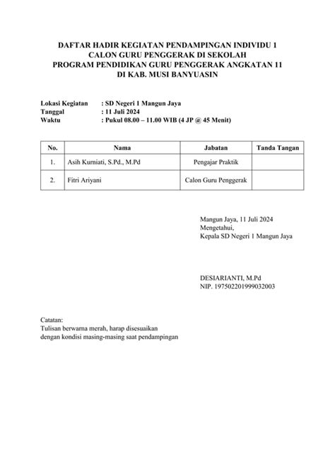 Format Daftar Hadir Pendampingan Individu Pdf