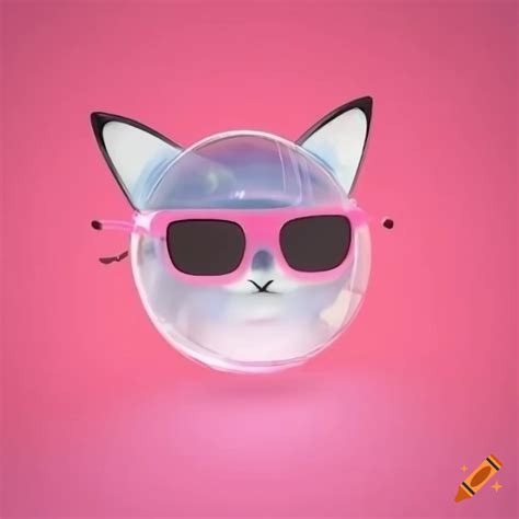 Pink Translucent Cat Head Wearing Sunglasses In Transparent Sphere On