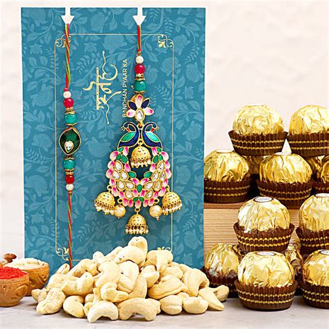 Peacock Lumba Rakhi Set And Cashew With Ferrero Rocher Usa Gift