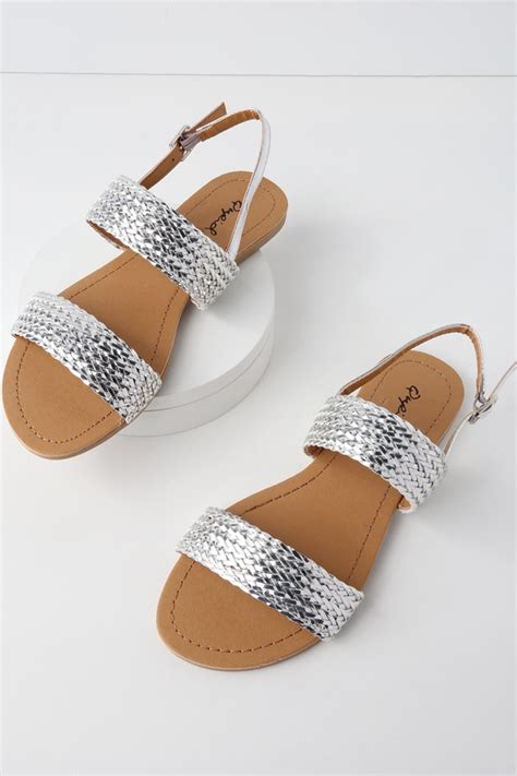 Cute Flat Sandals - Metallic Silver Sandals - Woven Sandals - Lulus