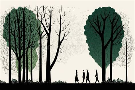 Minimalist Illustration Of People Walking In Park With Trees And