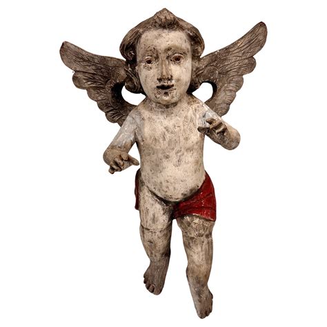 Antique Spanish Wooden Angel Putti Sculpture with Wings For Sale at 1stDibs