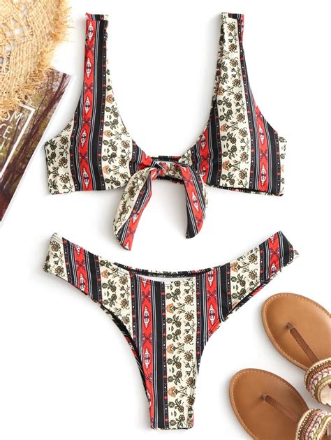 Off Front Tie Printed Bikini Set In Colormix Zaful