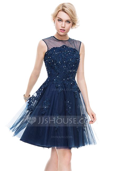 A Line Princess Scoop Neck Knee Length Tulle Lace Homecoming Dress With