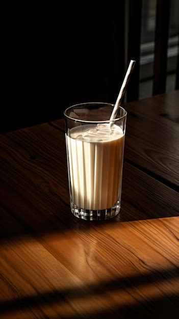 Premium Photo Glass Of Milk With Striped Straw On Wooden Table