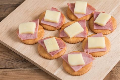 A Snack Of Crackers With Ham Cheese Stock Image Image Of Cookie