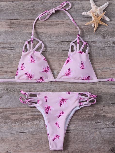 Pink S Spaghetti Strap Floral Print Cutout Women S String Bikini Set