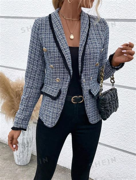 Shein Privé Plaid Pattern Shawl Collar Double Breasted Contrast Binding Tweed Blazer Shein Uk