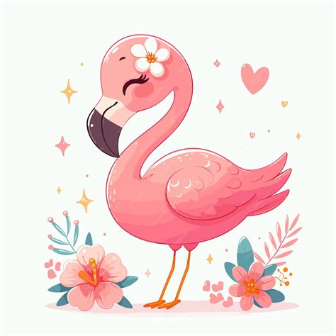 Premium Vector Cute Flamingo With Flower Cartoon Vector On White