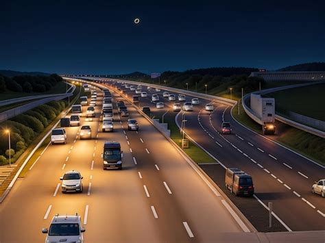 Voitures De La Circulation Nocturne Sur La Route Au Coucher Du Soleil