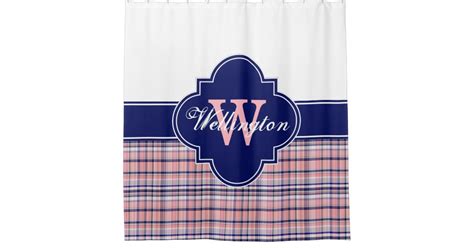 Pink Navy Blue White Madras Plaid 1icbr Name Shower Curtain Zazzle