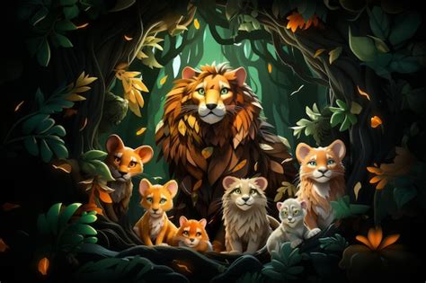 Premium Photo | A lion and his family of cats in the forest