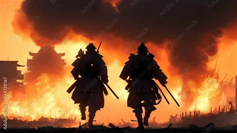 Silhouettes Of Two Samurai Warriors In The Middle Of A Raging Battle