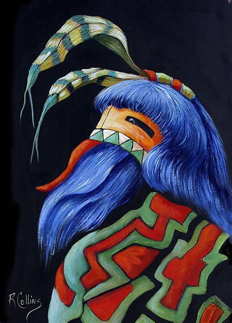 An Acrylic Painting Of A Woman With Blue Hair And Feathers On Her Head