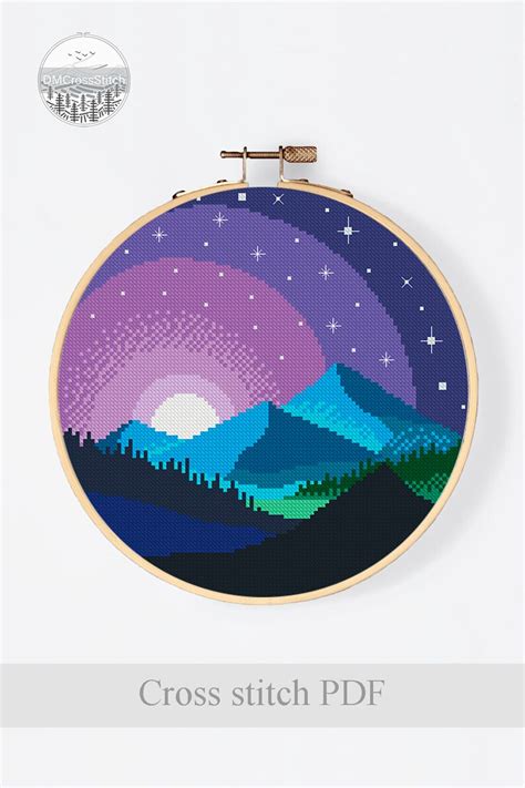 Mountain Landscape Modern Cross Stitch Pattern PDF Starry Sky Etsy