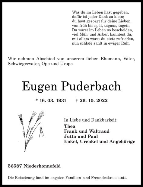 Traueranzeigen Von Eugen Puderbach Rz Trauer De