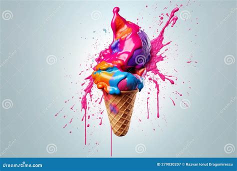 Illustration Showcasing An Ice Cream Cone With Vibrant Colors Melting Into A Creative Splash