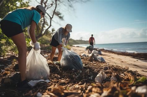 Grupo de jóvenes voluntarios limpiando la playa de residuos y plástico