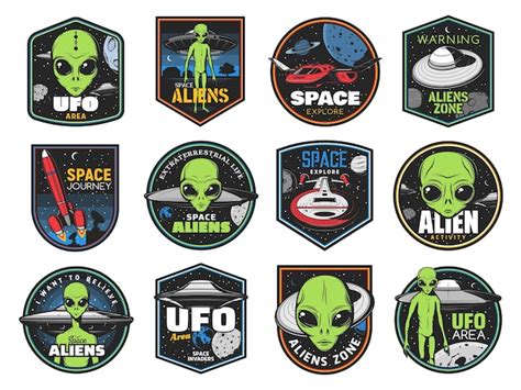 Aliens UFO Bereich Und Space Shuttles Symbole Premium Vektor