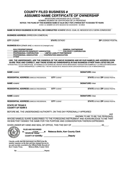 Assumed Name Certificate Of Ownership Form County Of Kerr Printable