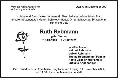 Trauer Ruth Rebmann Teckbote Trauerportal Teckbote