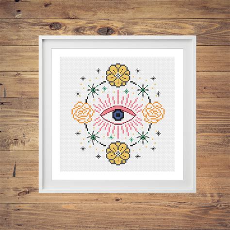 Floral Wreath Evil Eye Cross Stitch Pattern Modern Cross Etsy