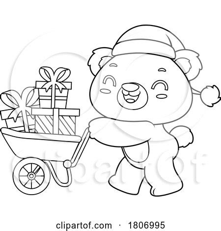 Cartoon Black And White Christmas Teddy Bear Pushing Gifts In A