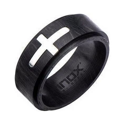 Men S Stainless Steel Cross Inlayed In Solid Carbon Graphite Ring Mm