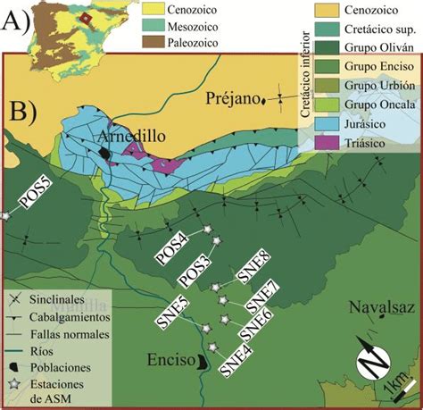 A Situación de la zona estudiada en rojo en la Península Ibérica B