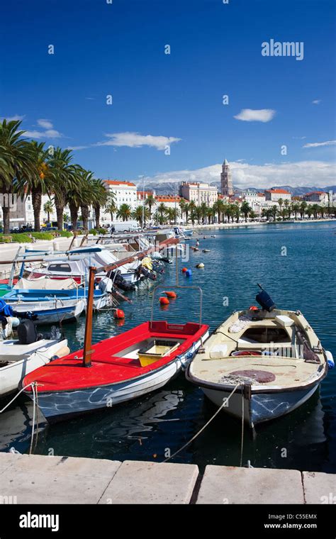 Boats Docked At Port And City Waterfront In Split Croatia Stock Photo