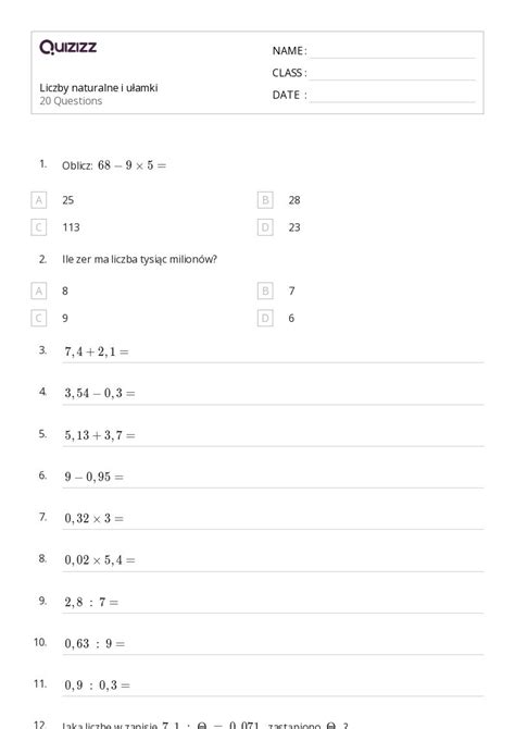 Ponad Liczby Dziesi Tne Arkuszy W Quizizz Darmowe I Do Druku