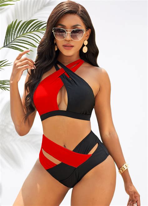 High Waist Contrast Cross Strap Bikini Set Rosewe USD 19 98