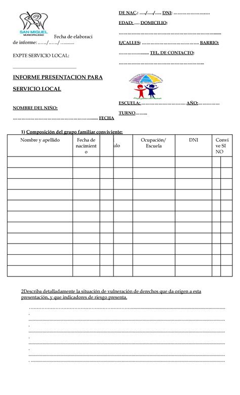 Informe Para Presentar En El Servicio Local Fecha De Elaboraci De